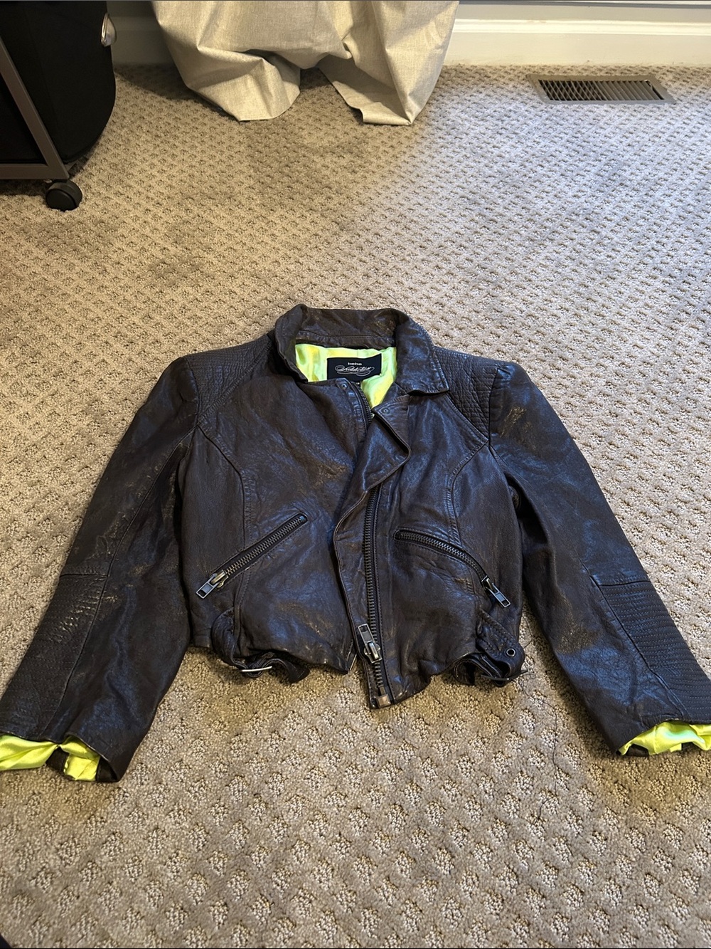 bebe Black Faux Leather Jacket with neon yellow Lining